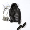 Image of slim short hooded warm white duck long coat