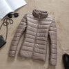 Image of slim short hooded warm white duck long coat