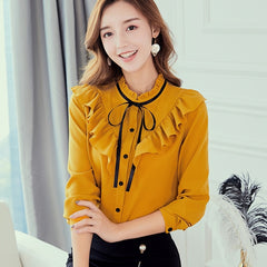 Women White Shirt Long Sleeve Shirts Korean Ruffles