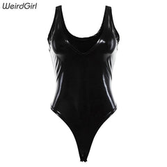 Weirdgirl Women pu leather Bodysuits Sexy Party Black v-neck Skinny Sleeveless