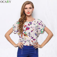 Print O-Neck Tropical Chiffon Women Blouses Short Batwing Sleeve