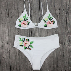 Rose Flower Embroidery Bikinis Set Brazilian Push-Up Padded Swimsuit