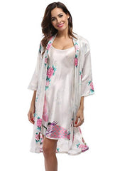 2 Piece Set Women Silk Peacock Kimono Robes Sexy Lingerie