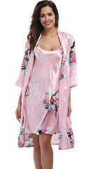 2 Piece Set Women Silk Peacock Kimono Robes Sexy Lingerie