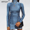 Image of Turtleneck Pleated Mini Dress Elegant Party Dress