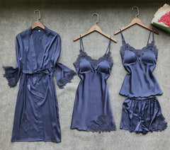 Sexy Women's Robe & Gown Sets Lace Bathrobe + Night Dress 4 Four Pieces Sleepwear