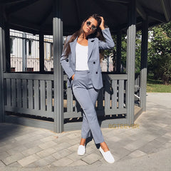 Work Pant Suits OL 2 Piece Sets Double Breasted Striped Blazer Jacket