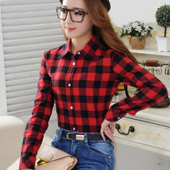 Women Plaid Shirt Checks Flannel Shirts Female Long Sleeve Blouse