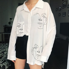 Long Sleeve Turn-down Collar Oversize Shirt Women Harajuku Face Pattern Printed Shirt