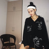 Image of Long Sleeve Turn-down Collar Oversize Shirt Women Harajuku Face Pattern Printed Shirt