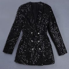 High Quality Fashion 2019 Designer Blazer Women Double Lion Buttons Shawl Collar Glitter Sequined Long Runway Black Blazers