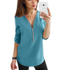 Image of Zipper Short Sleeve Women Shirts Sexy V Neck Solid Womens