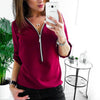 Image of Zipper Short Sleeve Women Shirts Sexy V Neck Solid Womens