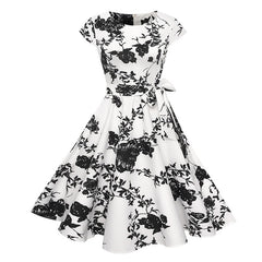 Black White Polka Dot Vintage Dress  Summer Women Floral Print Short Sleeve Retro Robe Rockabilly Dresses Party Jurkjes