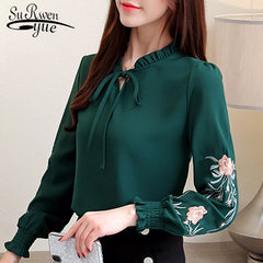 plus size women floral embroidery chiffon blouse shirt  womens and blouses