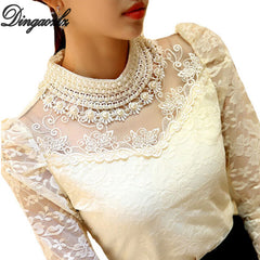 elegant long sleeve bodysuit beaded crochet  Mesh Chiffon blouse for Women