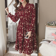 Summer Korean Chiffon Women Dress Elegant Ladies Vintage Long Dress Boho Floral Office Long Sleeve Vestidos Clothing 5LYQ003