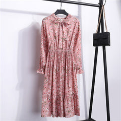 Summer Korean Chiffon Women Dress Elegant Ladies Vintage Long Dress Boho Floral Office Long Sleeve Vestidos Clothing 5LYQ003