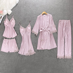 Sexy Women Pajamas 5 Pieces Sets Satin Sleepwear