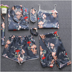 7 Pieces Womens Silk Satin Pajamas Sets Pyjamas Set Sleepwear