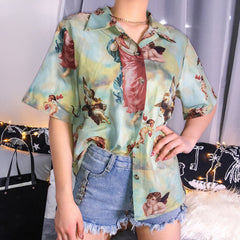 Vintage Aesthetic Cupid Angel Print Women' Blouse Shirt Cardigan Short Sleeve