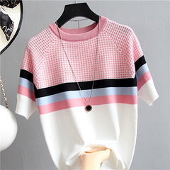 shintimes Plaid T Shirt Women Striped Tshirt Knitted Cotton 2019 Korean T-Shirt Woman Clothes Tee Shirt Femme Camisetas Mujer