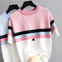 shintimes Plaid T Shirt Women Striped Tshirt Knitted Cotton 2019 Korean T-Shirt Woman Clothes Tee Shirt Femme Camisetas Mujer