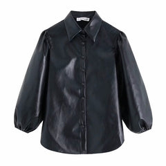 women vintage PU Leather lantern sleeve